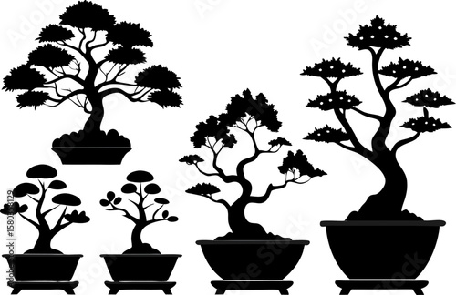 6 Bonsai Tree Silhouettes Vector Set