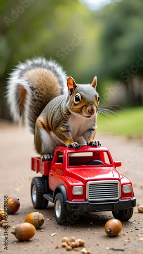 Squirrel driving toy truck carrying acorns funny animal photography wildlife nature