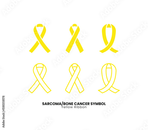 Yellow ribbon sarcoma or bone cancer awareness symbol vector set. Medical illustration for health campaigns and support