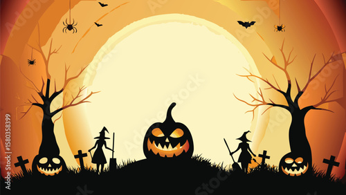 Halloween scene with pumpkins, witches, bats, spiders, and tombstones in a spooky orange moonlight setting