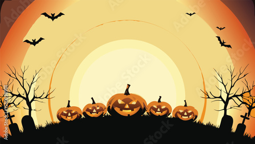 Halloween night scene with pumpkins, bats, tombstones, and bare trees against a moonlit background