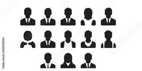 A collection of black silhouette icons depicting various people in different attire on a white background