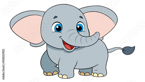 Adorable cartoon baby elephant with big blue eyes and floppy ears smiling