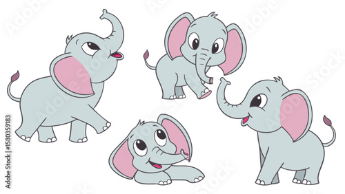 Four adorable cartoon baby elephants in different poses and expressions
