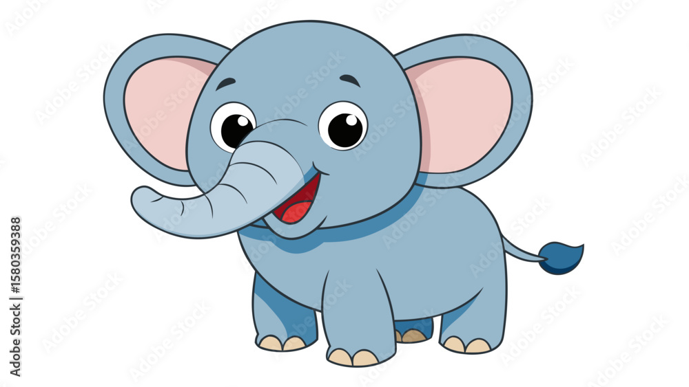 Fototapeta premium Cute cartoon baby elephant with big ears and a trunk raised in greeting