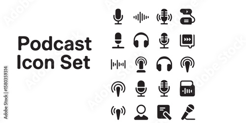 Collection of black podcast icons featuring microphones headphones and sound waves on a white background