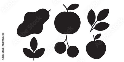 A collection of fruit and leaves in black silhouette on a white background in a simple flat style