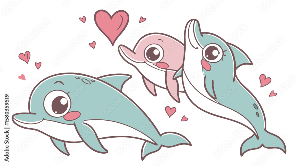 Obraz premium Three cute cartoon dolphins with pink hearts floating around them