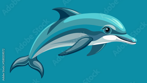 Stylized illustration of a playful blue dolphin swimming in clear ocean water