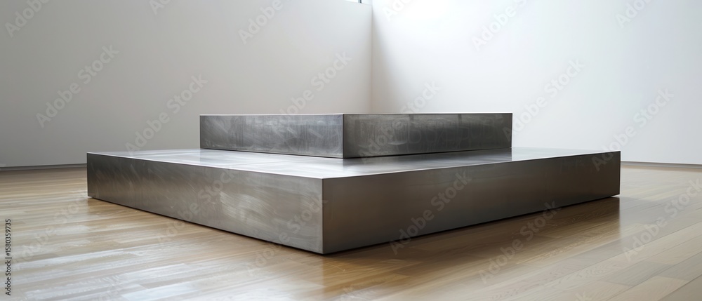 Fototapeta premium Geometric sculpture made of materials like steel, glass simple minimal abstract structure sculpture futuristic modern furniture concrete.