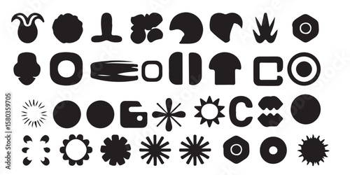 A collection of thirty abstract black shapes arranged in four rows on a white background