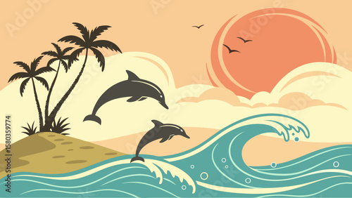 Two dolphins leaping from ocean waves near a tropical beach at sunset