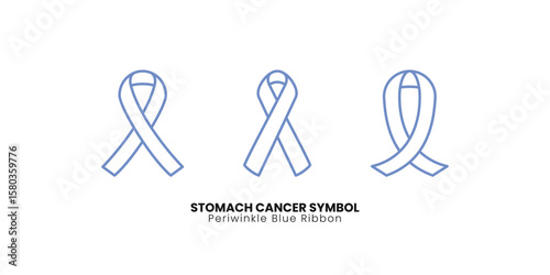 A Periwinkle blue outline ribbon is shown in three variations. This vector illustration represents the symbol for Stomach Cancer awareness, ideal for health campaigns and charitable designs