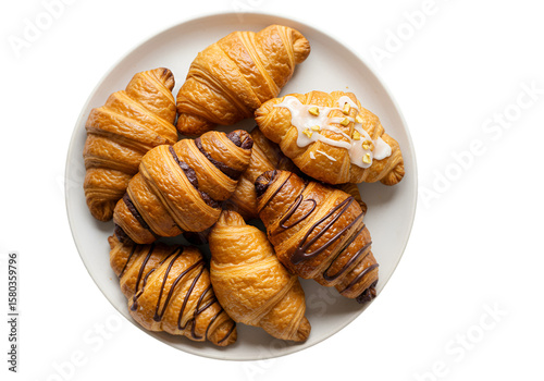 Isolated Top View Plate Of Freshly Baked Assorted Croissants Pastries