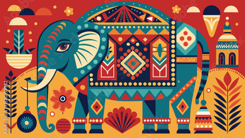 Colorful indian elephant decorated with traditional geometric patterns and floral motifs