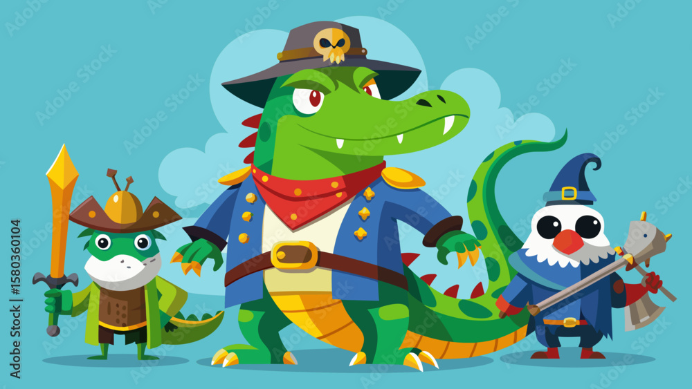 Naklejka premium Three cartoon characters dressed as pirates and a wizard standing together