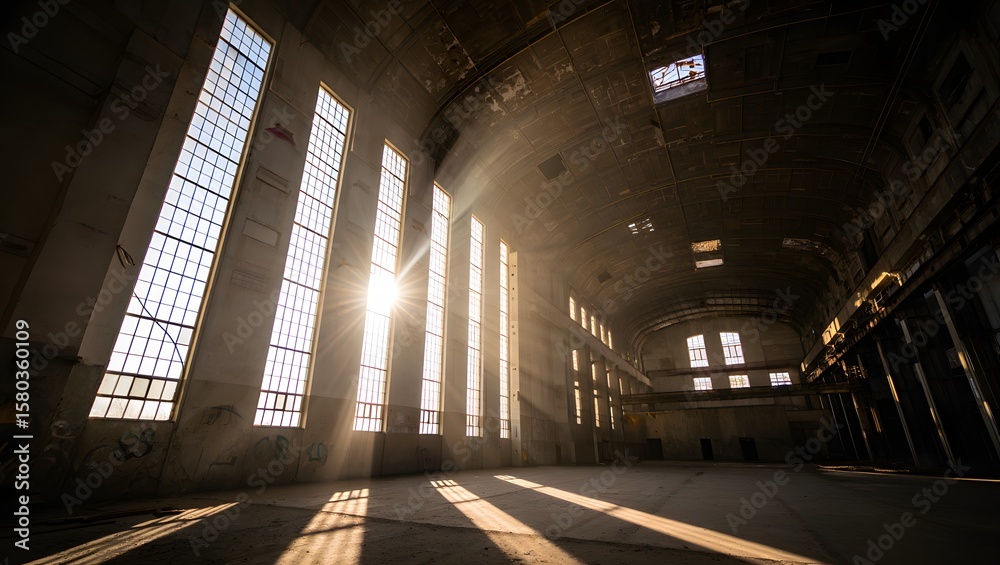Fototapeta premium Explore abandoned warehouse interior with sunlight streaming through large windows