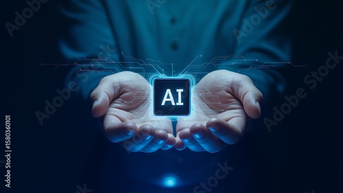 Human hands cradling a glowing blue ai chip with digital circuit lines