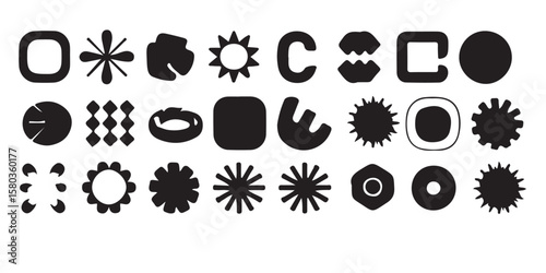 Collection of abstract black shapes on a white background arranged in rows and columns pattern