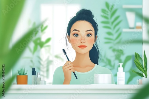 Self-makeup morning routine, young woman holding a brush and looking in the mirror, preparing for the day, Generative AI