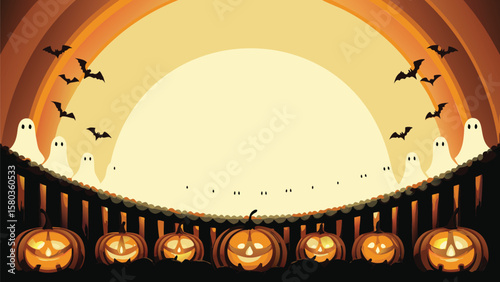 Halloween scene with pumpkins, ghosts, bats, and a fence under a bright moonlit sky background