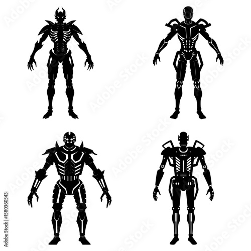 Four black and white robot figures with unique designs standing upright in a symmetrical arrangement