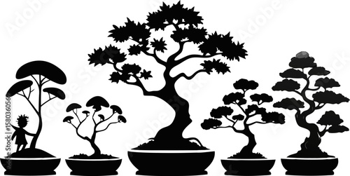 6 Bonsai Tree Silhouettes Vector Set