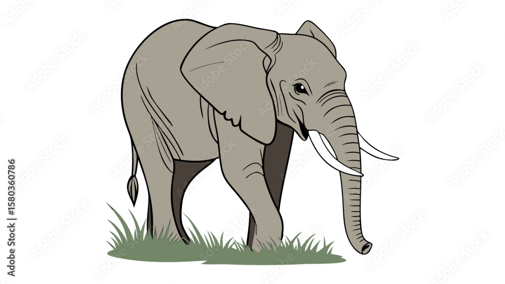 Fototapeta premium A stylized illustration of a large gray elephant with tusks walking on grass