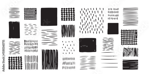 Collection of black and white abstract patterns in squares and rectangles on a white background