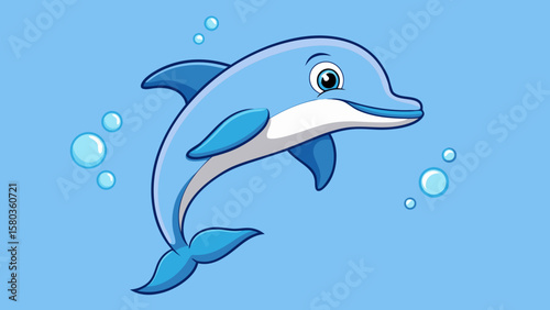 Cute cartoon dolphin swimming happily with bubbles in clear blue water