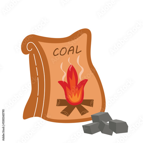 Packing coal for grill clip art illustration. Wood for picnic or barbecue. Cardboard bag with charcoal for campfire for cooking outdoors, vector element