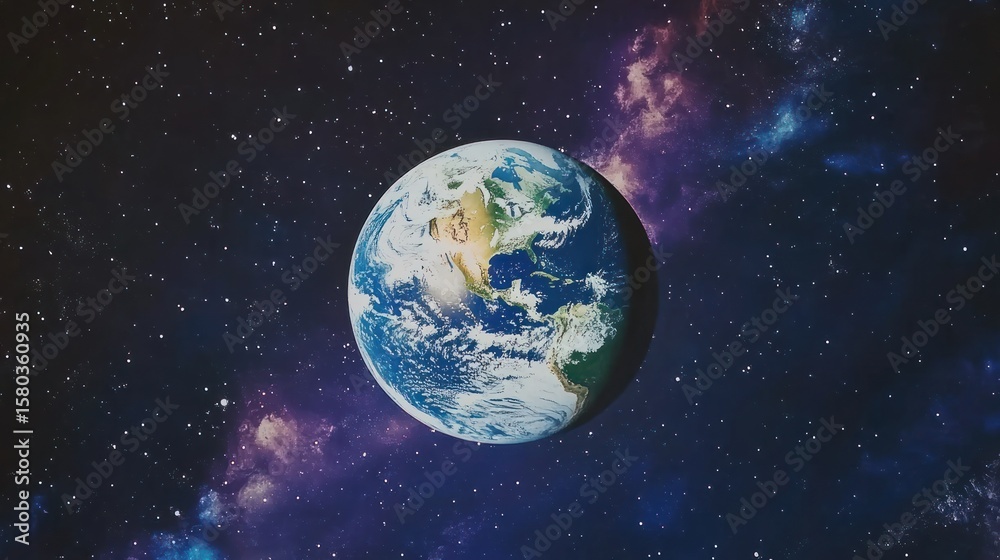 Naklejka premium Earth, a vibrant blue sphere, amongst a cosmic expanse of stars and nebulae