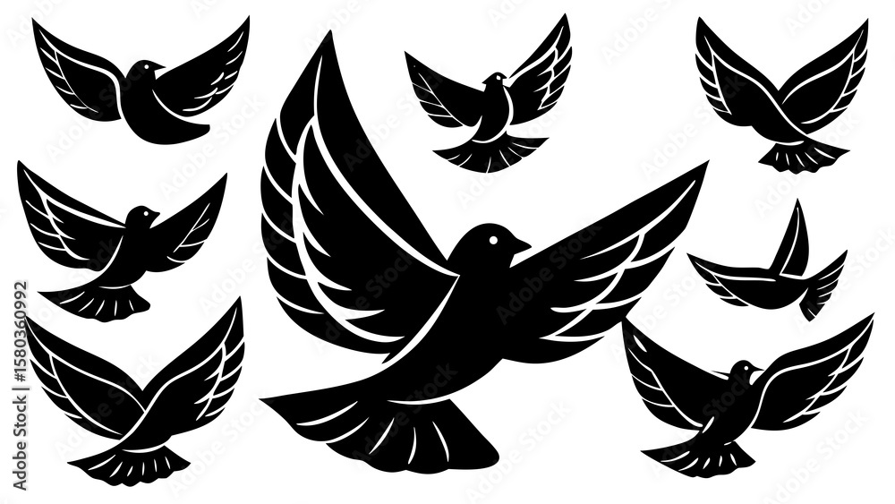Fototapeta premium Collection of stylized black silhouette doves in flight against a white background