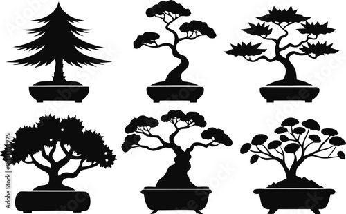 6 Bonsai Tree Silhouettes Vector Set