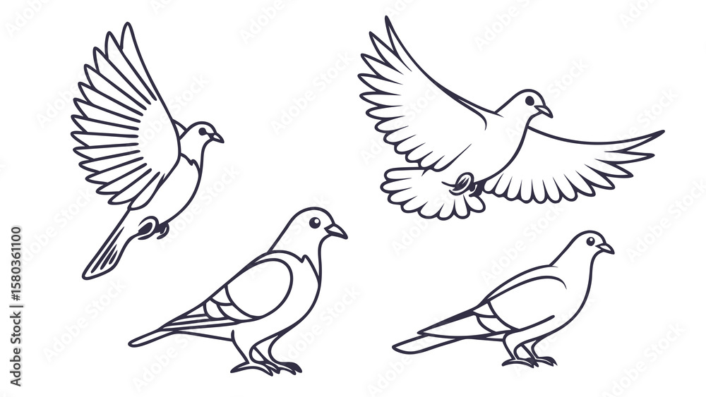 Fototapeta premium Minimalist Dove Icon Set Flat Vector Illustrations of Doves in Flight and Resting