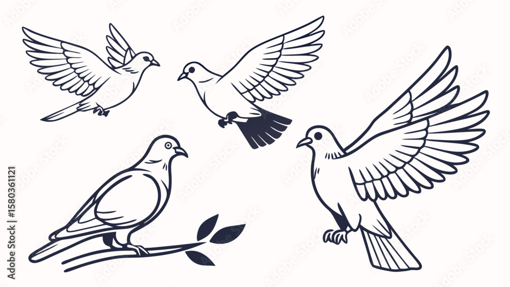 Fototapeta premium Collection of stylized dove illustrations in various flying and perched poses