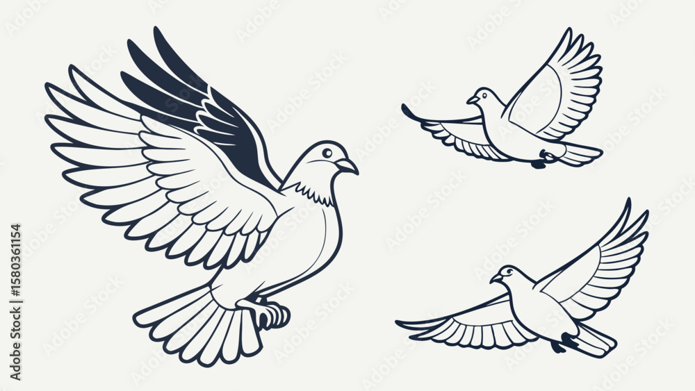 Fototapeta premium Three stylized line art doves flying gracefully against a plain background