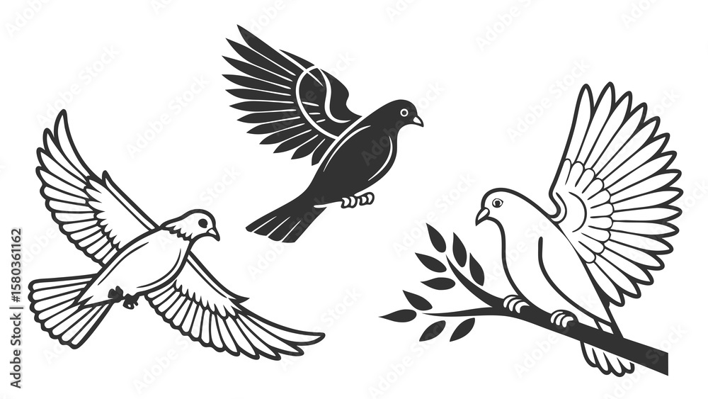 Naklejka premium Three stylized doves in flight and perched on a branch symbol of peace