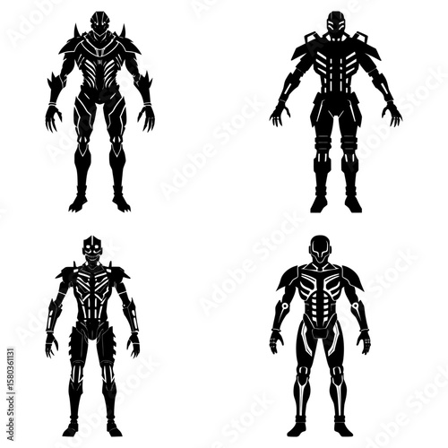 Four black and white stylized robot figures standing in different poses on a white background design art