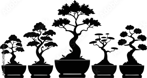 6 Bonsai Tree Silhouettes Vector Set