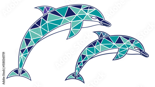 Two stylized dolphins jumping with geometric patterns in shades of blue and teal