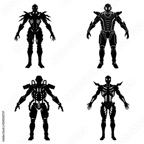 Four silhouetted robot figures standing in various poses against a white background design concept art