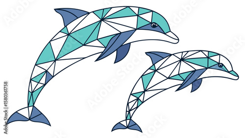 Two stylized geometric dolphins in shades of blue and teal swim gracefully