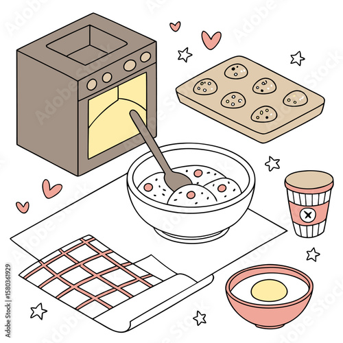 Cute isometric illustration of baking cookies featuring an oven with an open door a bowl of cookie dough with a spoon a baking sheet with cookies and ingredients like eggs and a drink