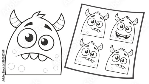 A large black and white cartoon monster with horns and circles on its body sits next to a sheet with four smaller cartoon monsters one happy and three sad
