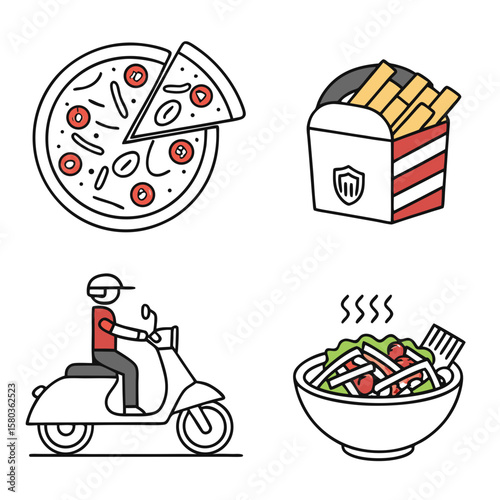 Food delivery service icons including pizza fries salad and scooter rider