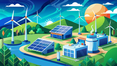 Eco friendly data center complex with solar panels, wind turbines. Sustainable tech innovation. Green energy powering modern computing. Renewable energy sources. Sustainable tech solutions 