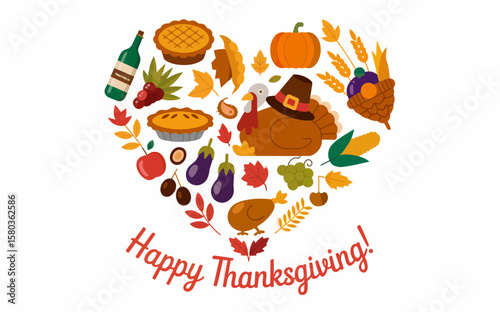 Thanksgiving heart shape filled with turkey, pie, pumpkin, cornucopia and other autumn harvest items
