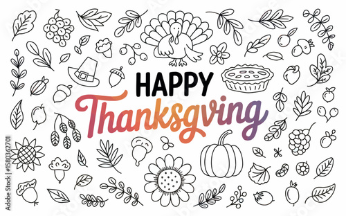 Happy thanksgiving doodle with turkey, pumpkin, pie, hat and leaves autumn season elements vector