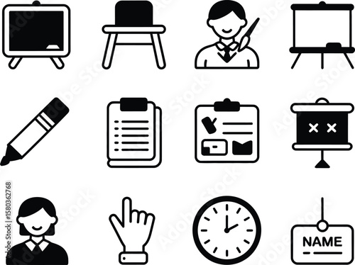 Collection of education and business icons representing learning and work